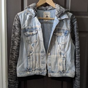 Distressed Jean Jacket with Sweater Sleeves